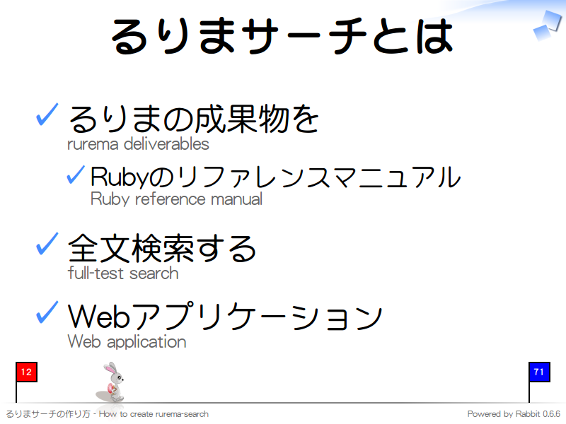 るりまサーチとは
るりまの成果物を
rurema deliverables

Rubyのリファレンスマニュアル
Ruby reference manual

全文検索する
full-test search

Webアプリケーション
Web application