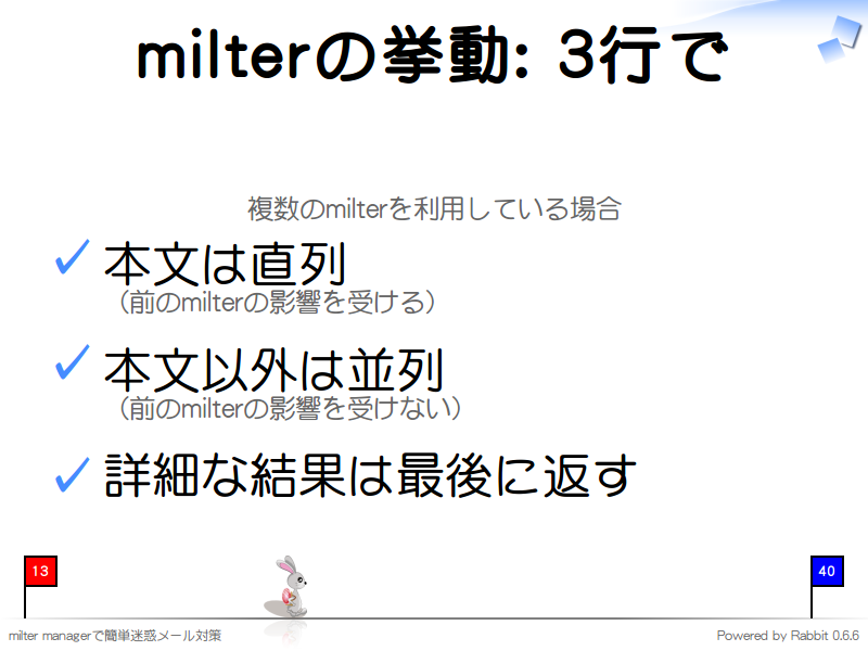 milterの挙動: 3行で
複数のmilterを利用している場合

本文は直列
（前のmilterの影響を受ける）

本文以外は並列
（前のmilterの影響を受けない）

詳細な結果は最後に返す