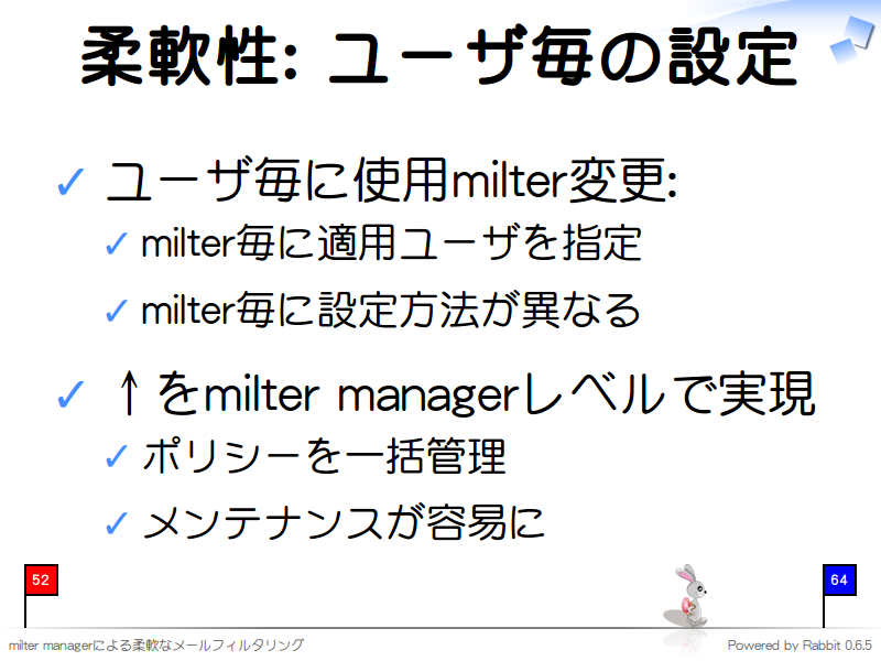 柔軟性: ユーザ毎の設定
ユーザ毎に使用milter変更:

milter毎に適用ユーザを指定

milter毎に設定方法が異なる

↑をmilter managerレベルで実現

ポリシーを一括管理

メンテナンスが容易に