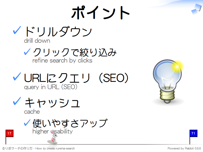 ポイント
ドリルダウン
drill down

クリックで絞り込み
refine search by clicks

URLにクエリ（SEO）
query in URL (SEO)

キャッシュ
cache

使いやすさアップ
higher usability