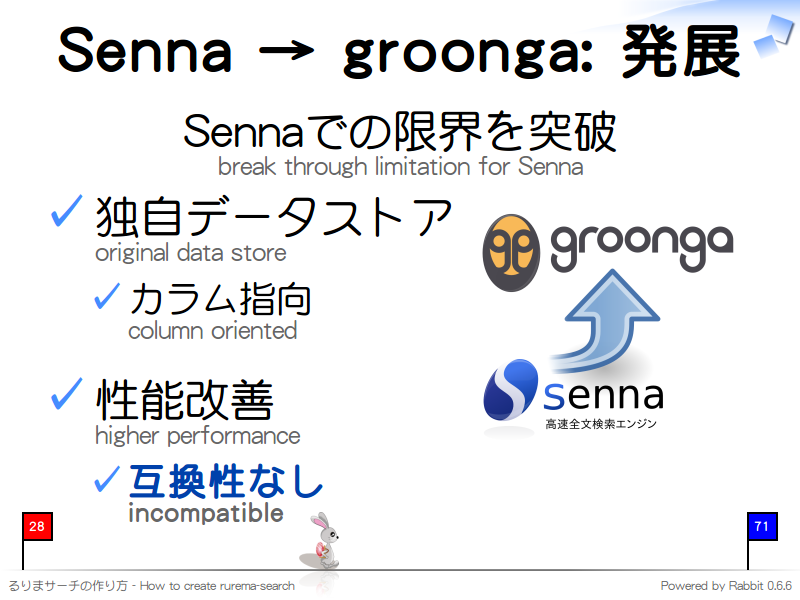 Senna → groonga: 発展
Sennaでの限界を突破
break through limitation for Senna

独自データストア
original data store

カラム指向
column oriented

性能改善
higher performance

互換性なし
incompatible