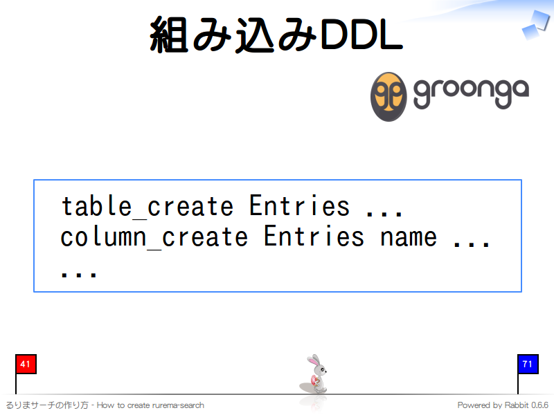 組み込みDDL
  table_create Entries ...
  column_create Entries name ...
  ...