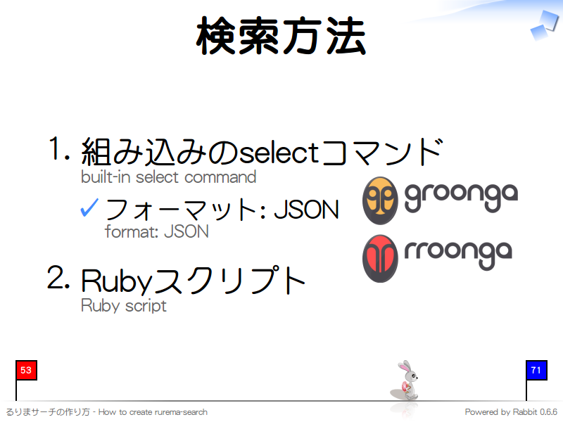 検索方法
組み込みのselectコマンド
built-in select command

フォーマット: JSON
format: JSON

Rubyスクリプト
Ruby script