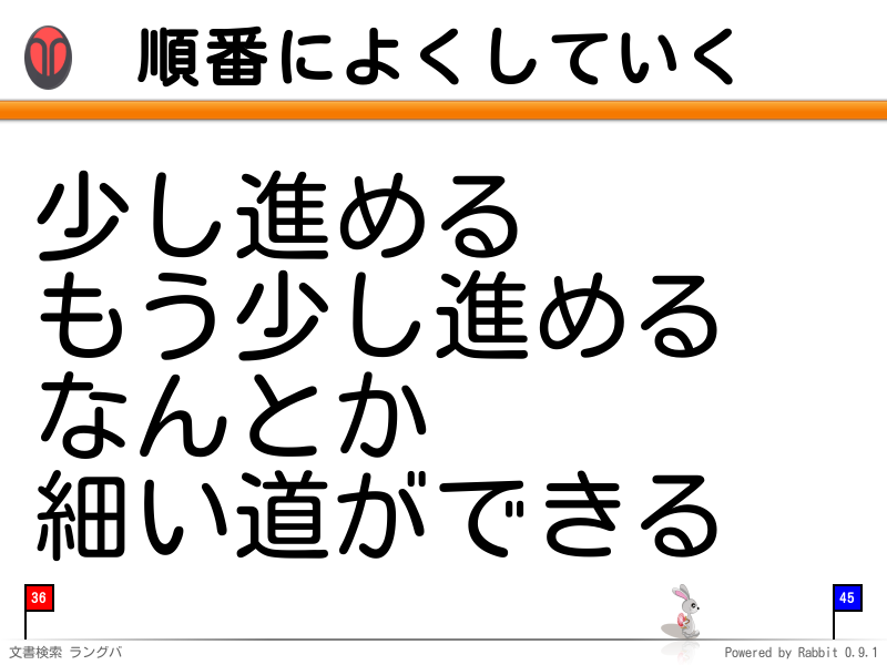 順番によくしていく
少し進める
もう少し進める
なんとか
細い道ができる