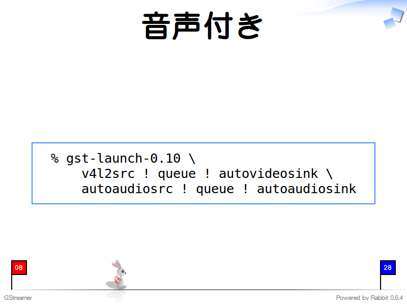 音声付き
  % gst-launch-0.10 \
      v4l2src ! queue ! autovideosink \
      autoaudiosrc ! queue ! autoaudiosink