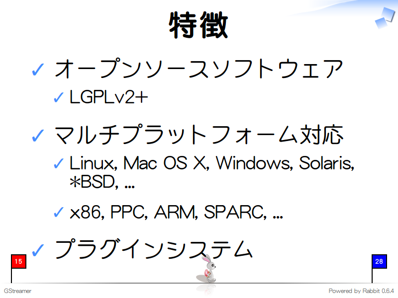 特徴
オープンソースソフトウェア

LGPLv2+

マルチプラットフォーム対応

Linux, Mac OS X, Windows, Solaris, *BSD, ...

x86, PPC, ARM, SPARC, ...

プラグインシステム
