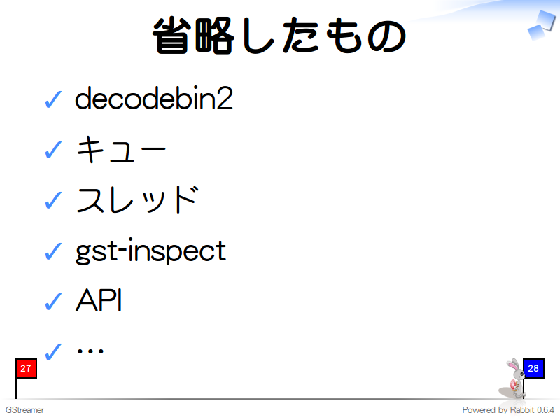 省略したもの
decodebin2

キュー

スレッド

gst-inspect

API

…