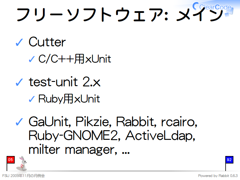 フリーソフトウェア: メイン
Cutter

C/C++用xUnit

test-unit 2.x

Ruby用xUnit

GaUnit, Pikzie, Rabbit, rcairo, Ruby-GNOME2, ActiveLdap, milter manager, ...