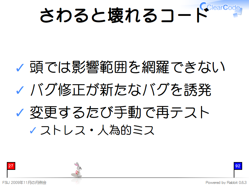 さわると壊れるコード
頭では影響範囲を網羅できない

バグ修正が新たなバグを誘発

変更するたび手動で再テスト

ストレス・人為的ミス