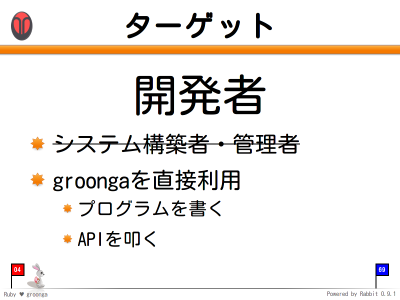 ターゲット
開発者

システム構築者・管理者

groongaを直接利用

プログラムを書く

APIを叩く