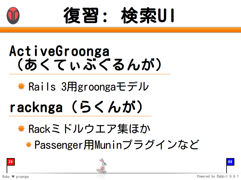 復習: 検索UI
ActiveGroonga
（あくてぃぶぐるんが）

  Rails 3用groongaモデル

racknga（らくんが）

  Rackミドルウエア集ほか
  
  Passenger用Muninプラグインなど