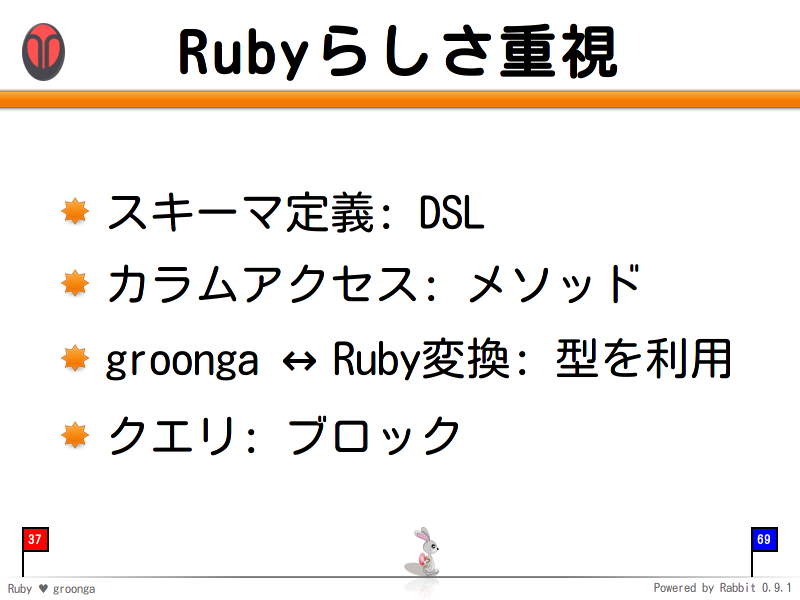 Rubyらしさ重視
スキーマ定義: DSL

カラムアクセス: メソッド

groonga &#x02194; Ruby変換: 型を利用

クエリ: ブロック