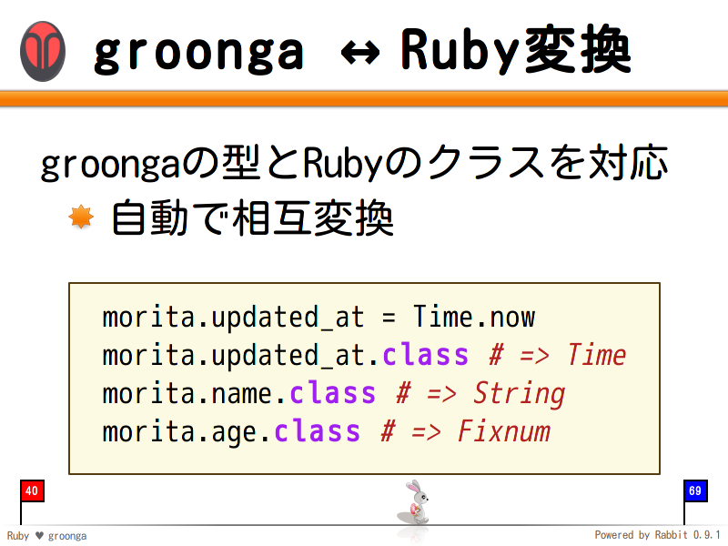 groonga &#x02194; Ruby変換
groongaの型とRubyのクラスを対応

自動で相互変換

  morita.updated_at = Time.now
  morita.updated_at.class # =&#62; Time
  morita.name.class # =&#62; String
  morita.age.class # =&#62; Fixnum
