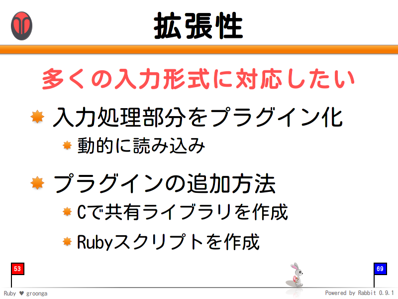 拡張性
多くの入力形式に対応したい

入力処理部分をプラグイン化

動的に読み込み

プラグインの追加方法

Cで共有ライブラリを作成

Rubyスクリプトを作成