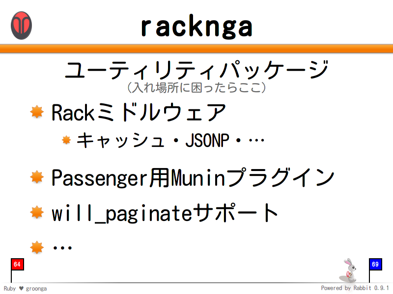 racknga
ユーティリティパッケージ
（入れ場所に困ったらここ）

Rackミドルウェア

キャッシュ・JSONP・…

Passenger用Muninプラグイン

will_paginateサポート

…