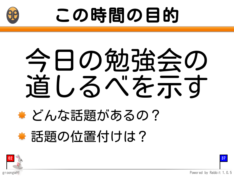 この時間の目的
今日の勉強会の
道しるべを示す

どんな話題があるの？

話題の位置付けは？