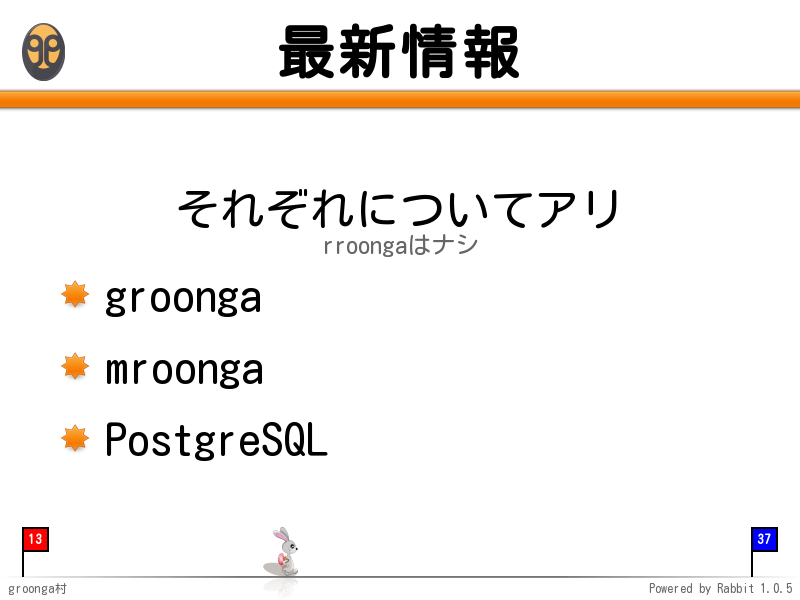 最新情報
それぞれについてアリ
rroongaはナシ

groonga

mroonga

PostgreSQL