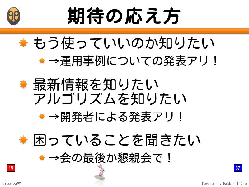 期待の応え方
もう使っていいのか知りたい

→運用事例についての発表アリ！

最新情報を知りたい
アルゴリズムを知りたい

→開発者による発表アリ！

困っていることを聞きたい

→会の最後か懇親会で！