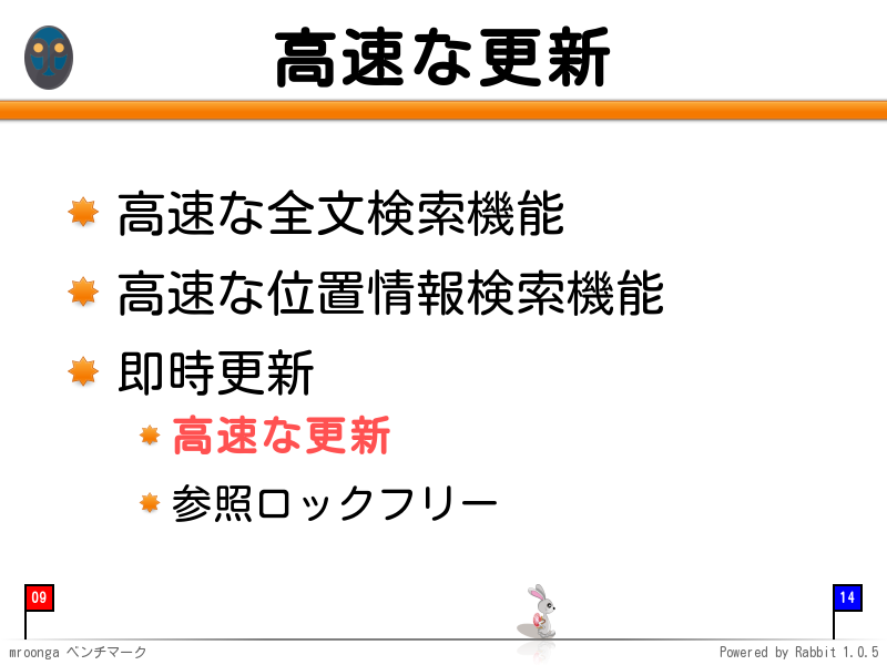 高速な更新
高速な全文検索機能

高速な位置情報検索機能

即時更新

高速な更新

参照ロックフリー