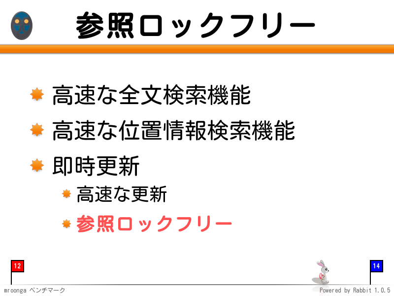 参照ロックフリー
高速な全文検索機能

高速な位置情報検索機能

即時更新

高速な更新

参照ロックフリー