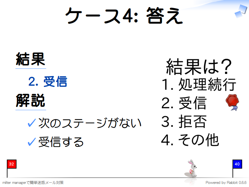 ケース4: 答え
結果

  2. 受信

解説

  次のステージがない
  
  受信する