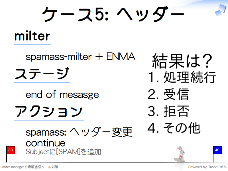 ケース5: ヘッダー
milter

  spamass-milter + ENMA

ステージ

  end of mesasge

アクション

  spamass: ヘッダー変更
  continue
  Subjectに[SPAM]を追加
