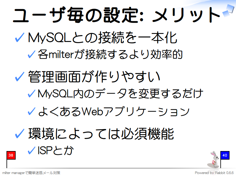 ユーザ毎の設定: メリット
MySQLとの接続を一本化

各milterが接続するより効率的

管理画面が作りやすい

MySQL内のデータを変更するだけ

よくあるWebアプリケーション

環境によっては必須機能

ISPとか