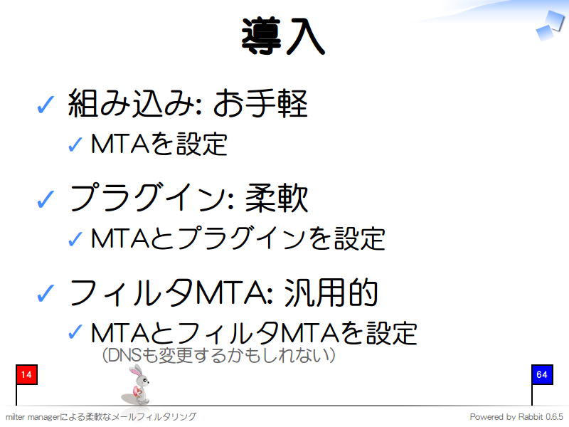 導入
組み込み: お手軽

MTAを設定

プラグイン: 柔軟

MTAとプラグインを設定

フィルタMTA: 汎用的

MTAとフィルタMTAを設定
（DNSも変更するかもしれない）