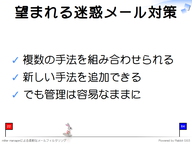 望まれる迷惑メール対策
複数の手法を組み合わせられる

新しい手法を追加できる

でも管理は容易なままに