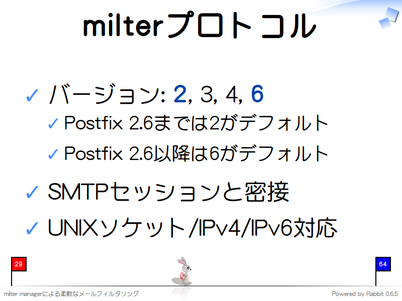 milterプロトコル
バージョン: 2, 3, 4, 6

Postfix 2.6までは2がデフォルト

Postfix 2.6以降は6がデフォルト

SMTPセッションと密接

UNIXソケット/IPv4/IPv6対応