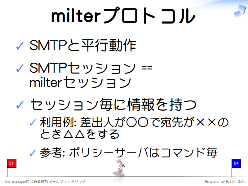 milterプロトコル
SMTPと平行動作

SMTPセッション ==
milterセッション

セッション毎に情報を持つ

利用例: 差出人が○○で宛先が××のとき△△をする

参考: ポリシーサーバはコマンド毎