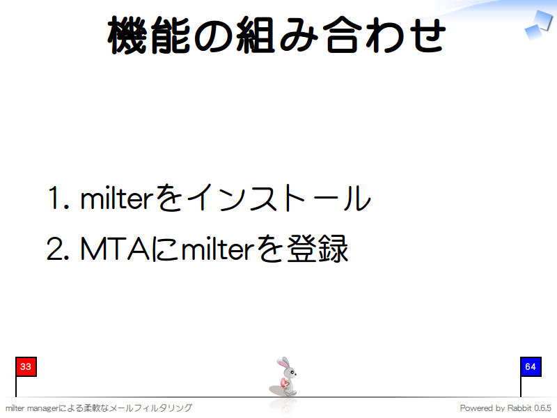 機能の組み合わせ
milterをインストール

MTAにmilterを登録