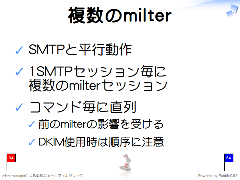 複数のmilter
SMTPと平行動作

1SMTPセッション毎に
複数のmilterセッション

コマンド毎に直列

前のmilterの影響を受ける

DKIM使用時は順序に注意