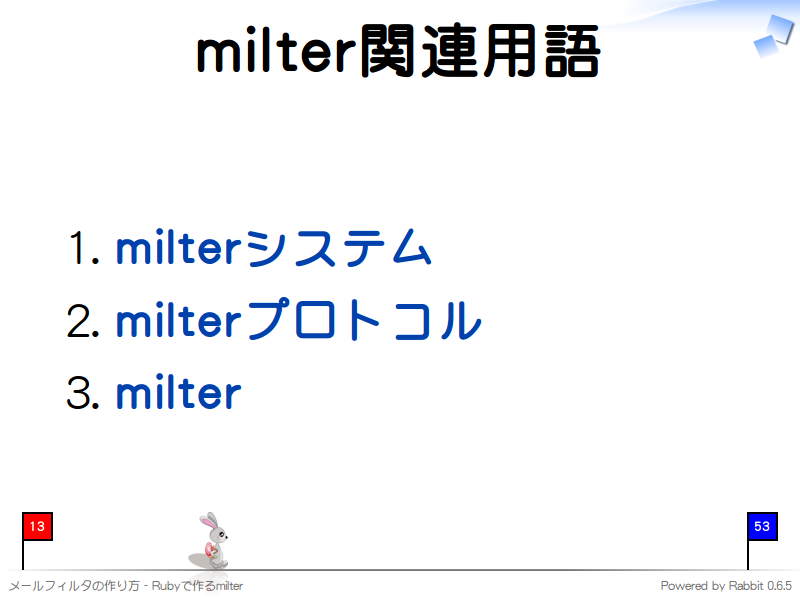 milter関連用語
milterシステム

milterプロトコル

milter
