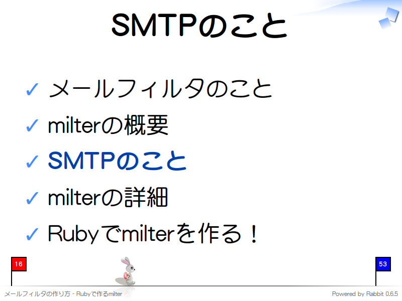 SMTPのこと
メールフィルタのこと

milterの概要

SMTPのこと

milterの詳細

Rubyでmilterを作る！