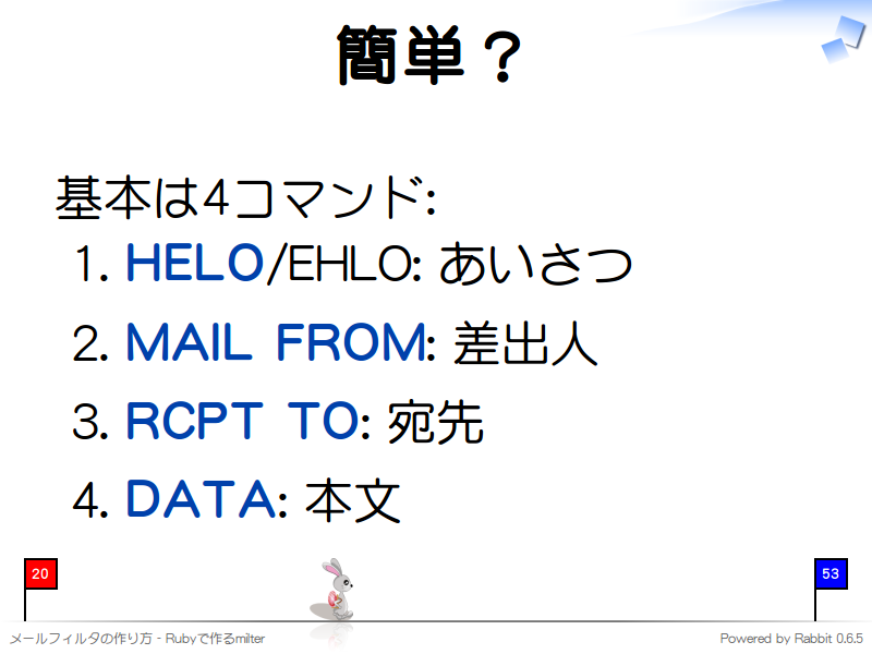 簡単？
基本は4コマンド:

HELO/EHLO: あいさつ

MAIL FROM: 差出人

RCPT TO: 宛先

DATA: 本文