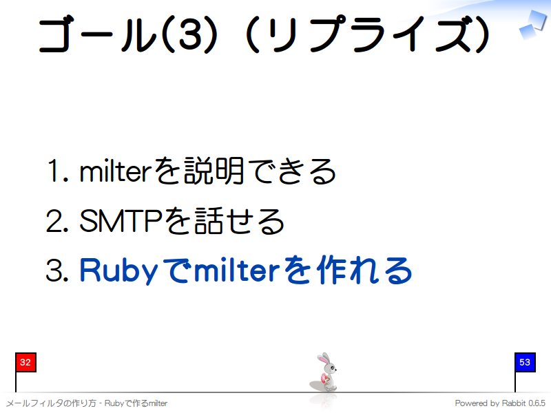 ゴール(3)（リプライズ）
milterを説明できる

SMTPを話せる

Rubyでmilterを作れる