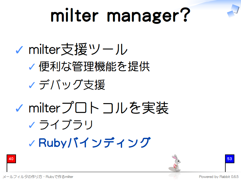 milter manager?
milter支援ツール

便利な管理機能を提供

デバッグ支援

milterプロトコルを実装

ライブラリ

Rubyバインディング