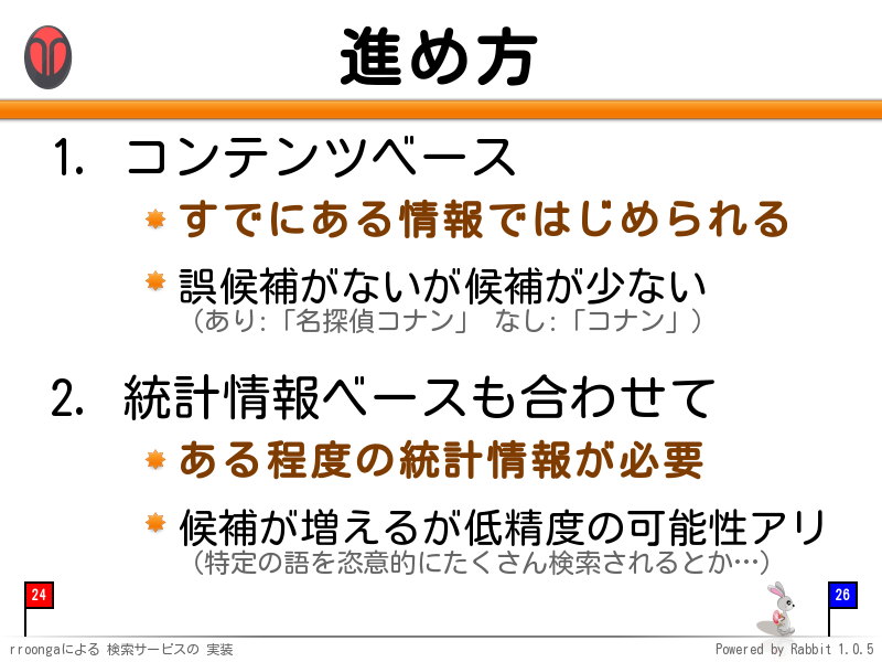 進め方
コンテンツベース

すでにある情報ではじめられる

誤候補がないが候補が少ない
（あり:「名探偵コナン」 なし:「コナン」）

統計情報ベースも合わせて

ある程度の統計情報が必要

候補が増えるが低精度の可能性アリ
（特定の語を恣意的にたくさん検索されるとか…）