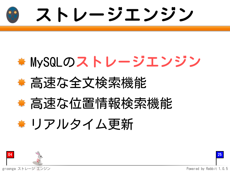 ストレージエンジン
MySQLのストレージエンジン

高速な全文検索機能

高速な位置情報検索機能

リアルタイム更新