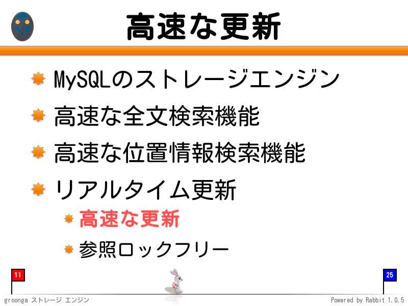 高速な更新
MySQLのストレージエンジン

高速な全文検索機能

高速な位置情報検索機能

リアルタイム更新

高速な更新

参照ロックフリー
