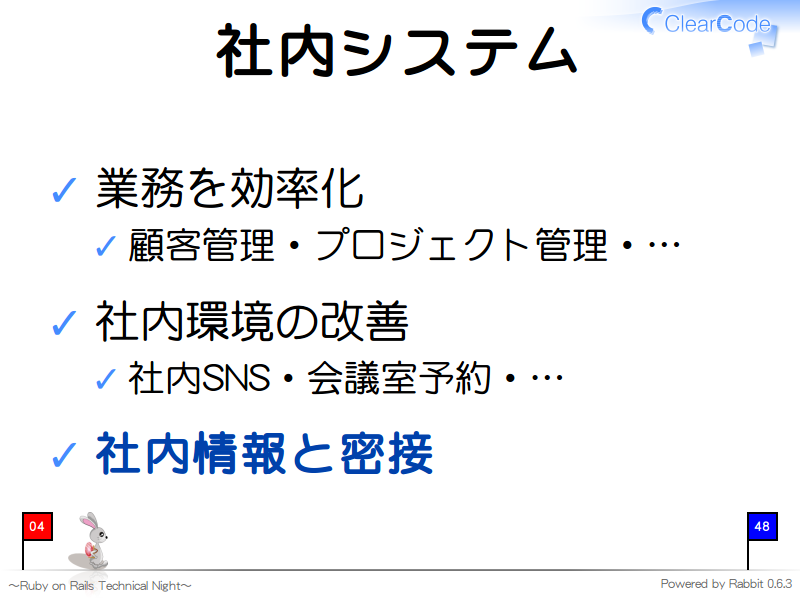 社内システム
業務を効率化

顧客管理・プロジェクト管理・…

社内環境の改善

社内SNS・会議室予約・…

社内情報と密接