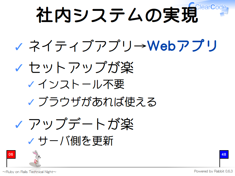 社内システムの実現
ネイティブアプリ→Webアプリ

セットアップが楽

インストール不要

ブラウザがあれば使える

アップデートが楽

サーバ側を更新