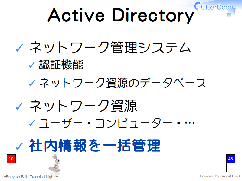 Active Directory
ネットワーク管理システム

認証機能

ネットワーク資源のデータベース

ネットワーク資源

ユーザー・コンピューター・…

社内情報を一括管理