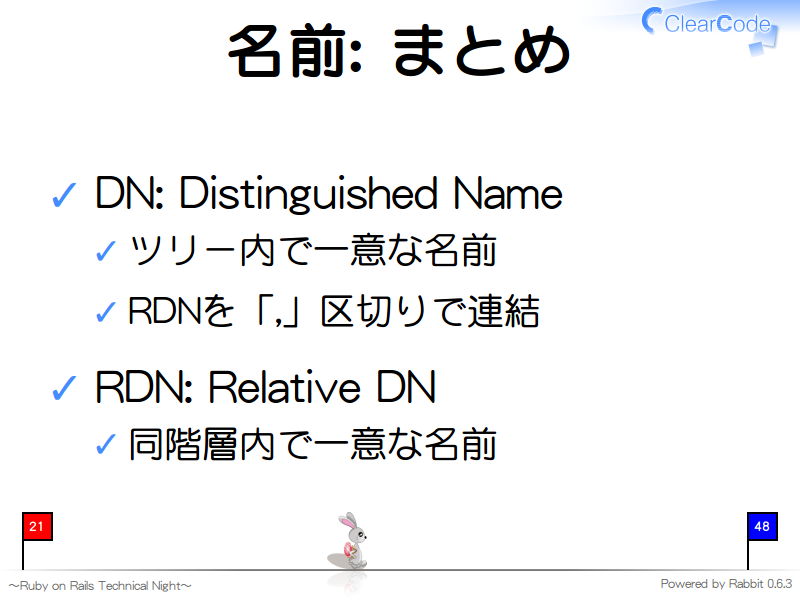 名前: まとめ
DN: Distinguished Name

ツリー内で一意な名前

RDNを「,」区切りで連結

RDN: Relative DN

同階層内で一意な名前