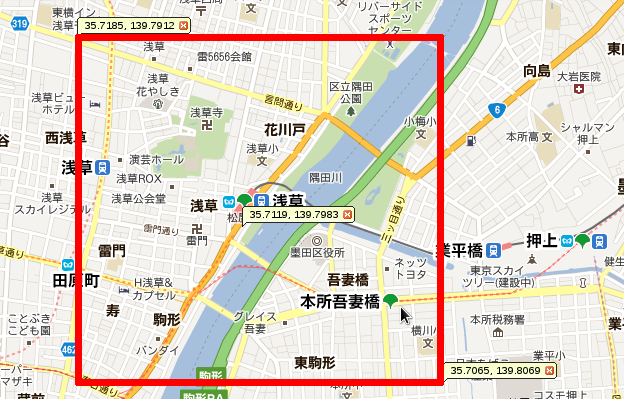 浅草周辺のたいやき屋をgeo_in_rectangle()で検索