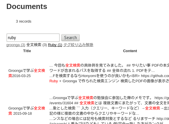「全文検索」タグでドリルダウンして「ruby」で全文検索した結果をハイライト