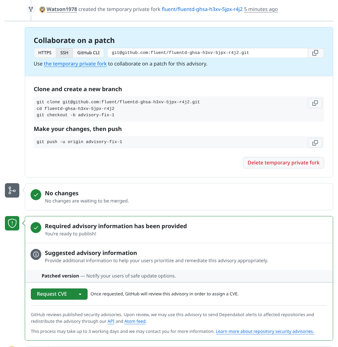 一時的なプライベートフォークの作成後。Collaborate on a patchにリポジトリのURLと作業用コマンドが表示されている。