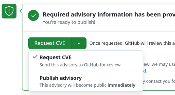 Request CVEボタン右のメニューを開き、Publish advisoryを選べる状態。