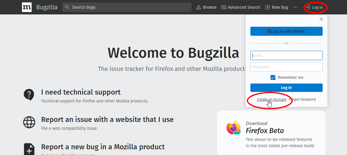（BMOのトップページで最上部の「Log in」をクリックしてポップアップが表示された状態のスクリーンショット。ポップアップ最下部に「Create an Account」と書かれたリンクが表示されている。）